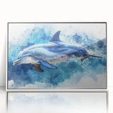 Framed acrylic wall art showcasing a vibrant dolphin design in a coastal theme, featuring a sleek white frame, perfect for marine life enthusiasts and home decor.
