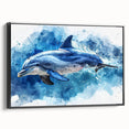 Framed wall art showcasing a vibrant dolphin design on a black background, perfect for marine life enthusiasts looking to enhance their home decor.