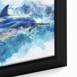 Close-up of a framed canvas wall art showcasing a vibrant dolphin design from the Marine Life collection, featuring rich colors and intricate details, perfect for ocean-themed decor.