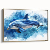 Framed wall art showcasing a vibrant dolphin design in shades of blue and gold, adding a marine life theme to home decor. Perfect for ocean lovers.