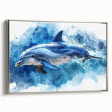 Framed canvas wall art showcasing a sleek silver dolphin design, capturing marine life in vibrant colors, perfect for ocean-themed decor in living spaces.