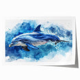 Dolphin-themed wall art print showcasing vibrant marine life design, featuring shades of blue and green, ideal for coastal home decor. Rolled and ready for framing.