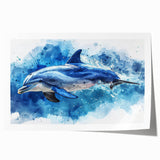 Dolphin-themed wall art print showcasing vibrant marine life design, featuring shades of blue and green, ideal for coastal home decor. Rolled and ready for framing.