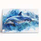 Stretched canvas wall art depicting a playful dolphin design, showcasing vibrant blues and greens, perfect for marine-themed decor in homes or offices.