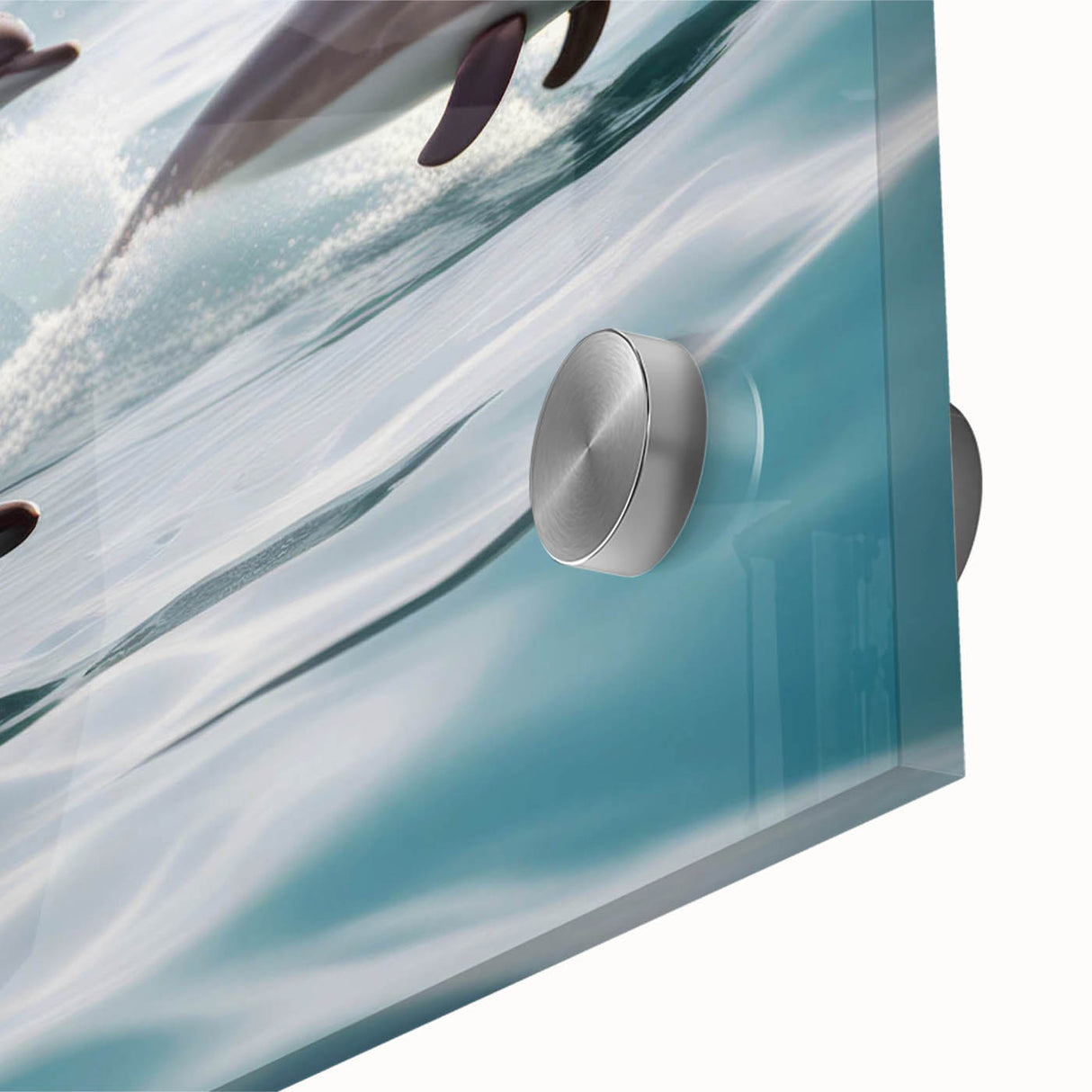 Close-up view of a vibrant dolphin design wall art piece, showcasing intricate marine life details on acrylic glass, perfect for ocean-themed decor.