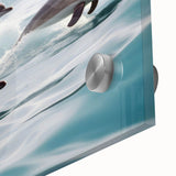 Close-up view of a vibrant dolphin design wall art piece, showcasing intricate marine life details on acrylic glass, perfect for ocean-themed decor.