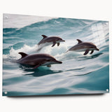 Acrylic glass wall art featuring a vibrant dolphin design from the marine life collection, showcasing intricate details and a 3D effect, ideal for ocean-themed decor.