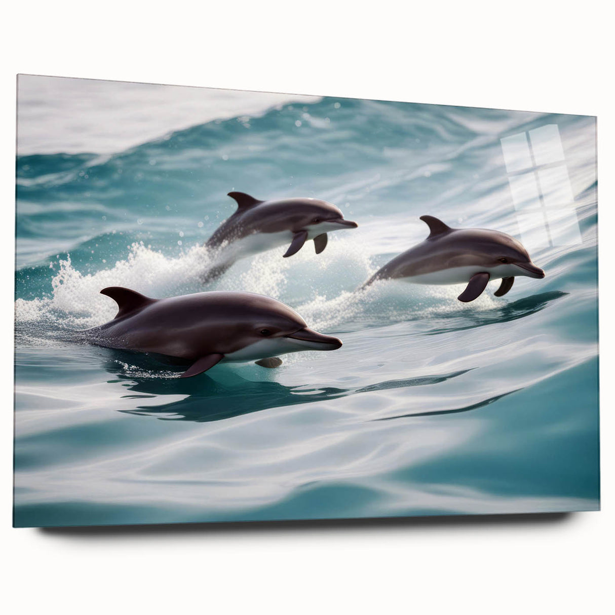 Elegant marine life wall art featuring a side view of a dolphin design, crafted with acrylic glass. This collection adds a vibrant touch to any ocean-themed decor.