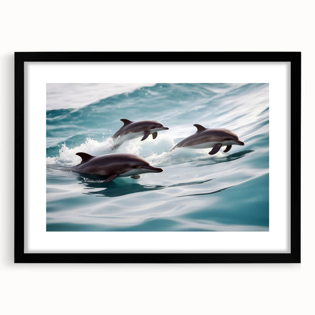 Framed wall art featuring a dolphin design in a marine life theme, set against a black background. Ideal for ocean lovers, this piece adds a contemporary touch to any decor.
