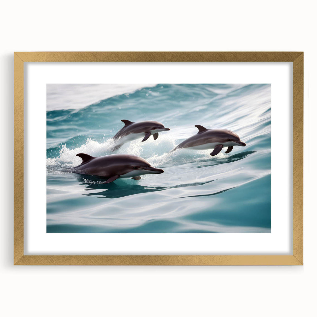 Elegant gold-framed wall art featuring a dolphin design, showcasing vibrant marine life colors and intricate details, perfect for ocean-themed decor.