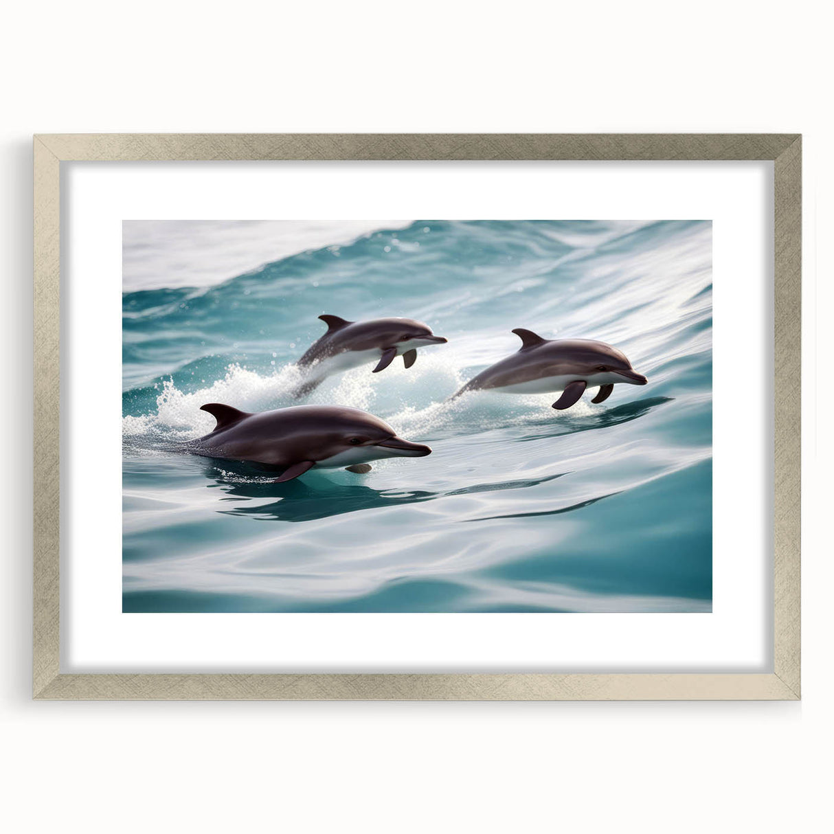 Framed wall art collection featuring a silver mat with a dolphin design, showcasing vibrant marine life in a contemporary style, ideal for coastal decor.