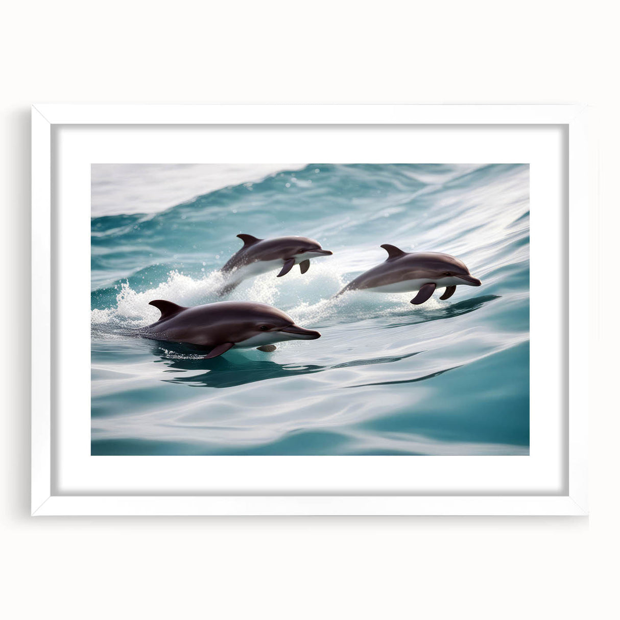 Framed marine life wall art featuring a vibrant dolphin design with a white mat, perfect for coastal home decor, enhancing ocean-inspired interiors.