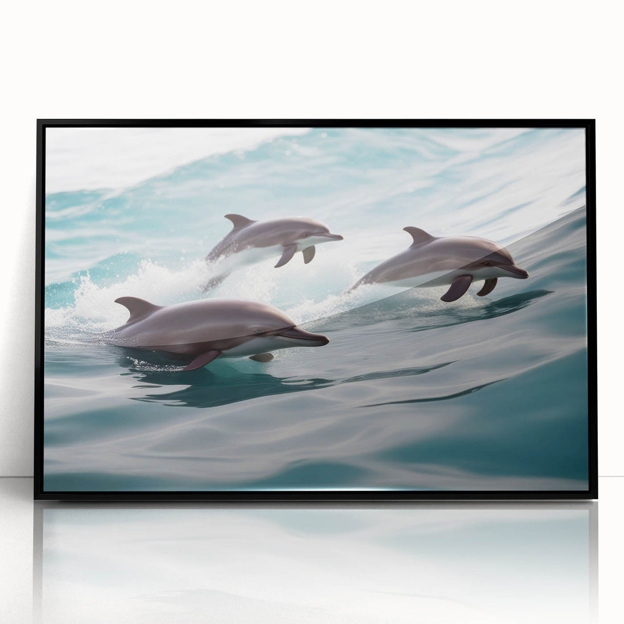 Framed wall art showcasing a vibrant dolphin design in an acrylic finish, featuring a sleek black frame, ideal for marine life enthusiasts and home decor.