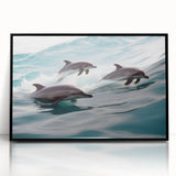 Framed wall art showcasing a vibrant dolphin design in an acrylic finish, featuring a sleek black frame, ideal for marine life enthusiasts and home decor.