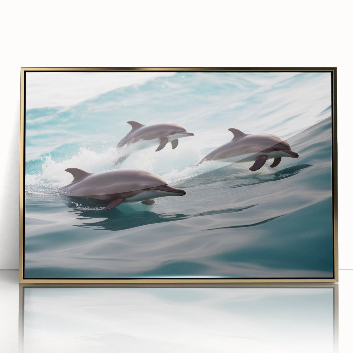 Framed wall art showcasing a vibrant dolphin design in a marine life theme, featuring a gold-accented acrylic front, ideal for ocean-inspired decor.
