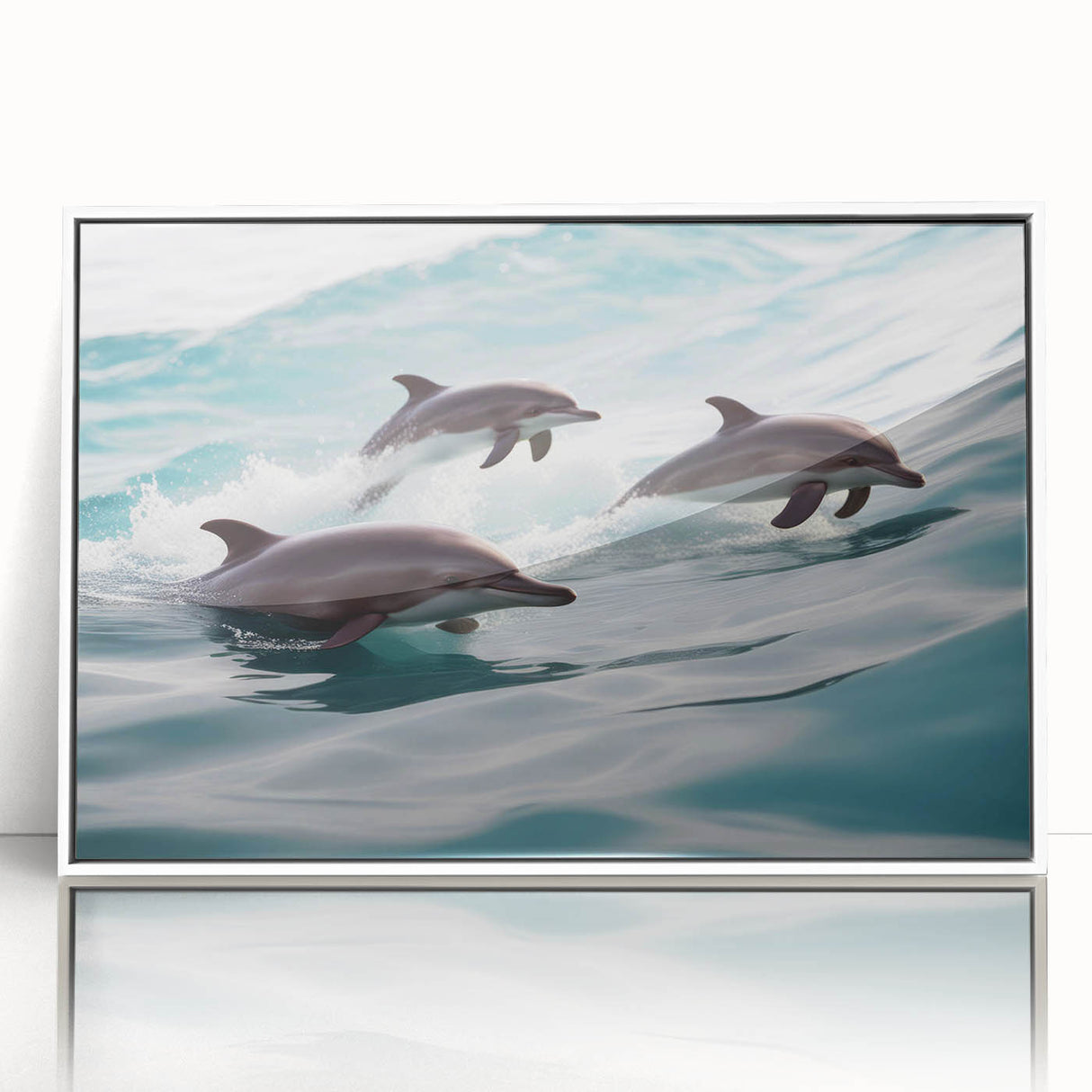 Framed wall art featuring a vibrant dolphin design in marine life theme, with a sleek white border that enhances its ocean-inspired aesthetic, perfect for coastal decor.