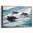 Framed canvas wall art depicting a graceful dolphin design in vibrant colors, showcasing marine life; features a sleek black frame for modern decor.
