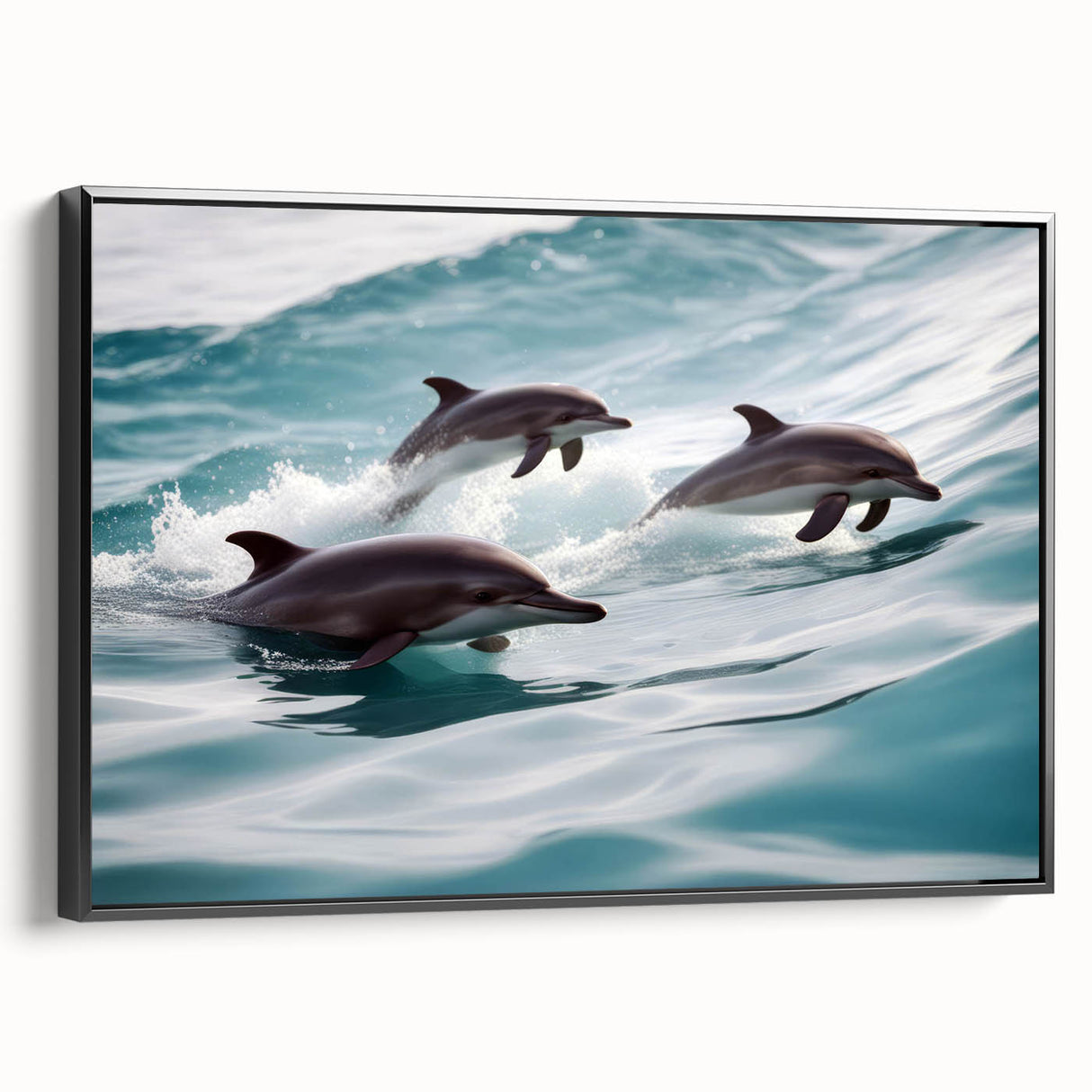 Framed canvas wall art depicting a graceful dolphin design in vibrant colors, showcasing marine life; features a sleek black frame for modern decor.