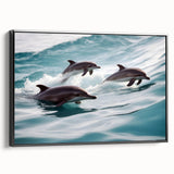 Framed canvas wall art depicting a graceful dolphin design in vibrant colors, showcasing marine life; features a sleek black frame for modern decor.