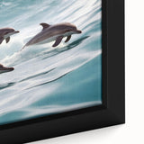 Close-up of a framed canvas wall art featuring a vibrant dolphin design, showcasing intricate details and vivid colors, perfect for marine life enthusiasts and home decor.