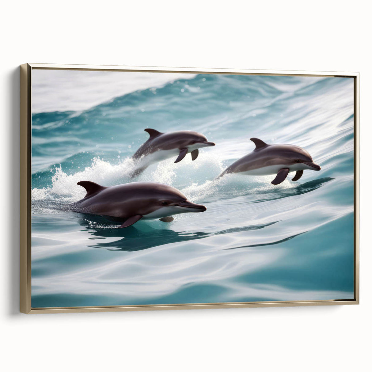 Framed wall art featuring a vibrant dolphin design in shades of blue and gold, showcasing marine life on a textured canvas, ideal for coastal decor enthusiasts.