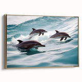 Framed wall art featuring a vibrant dolphin design in shades of blue and gold, showcasing marine life on a textured canvas, ideal for coastal decor enthusiasts.