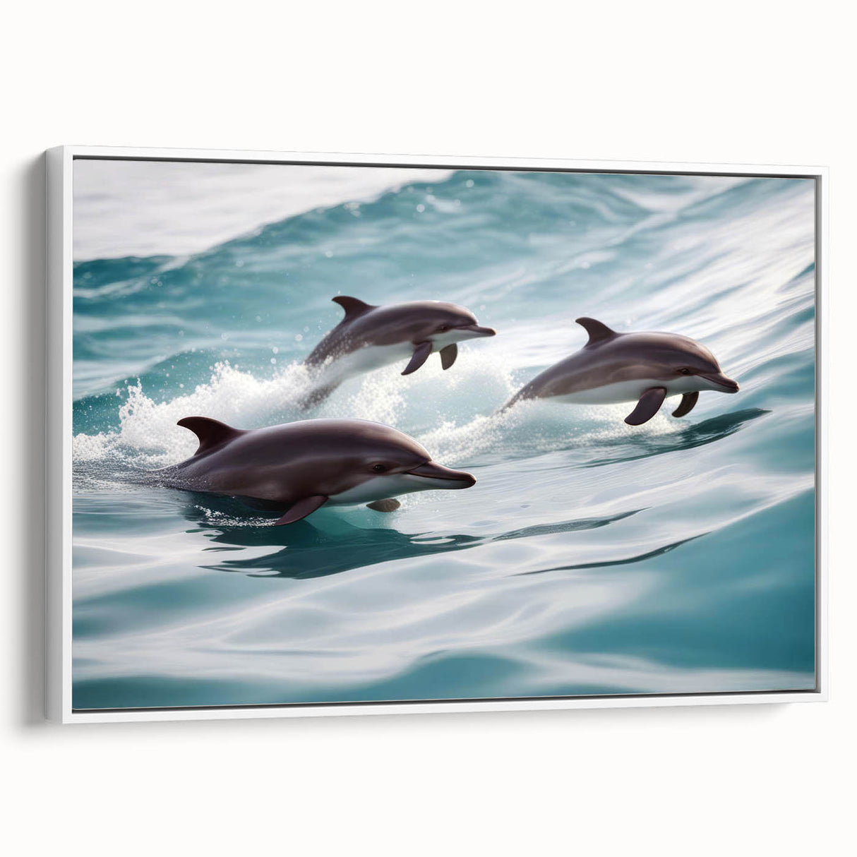 Framed canvas wall art showcasing a vibrant dolphin design in marine life theme, featuring a white frame and side view display, perfect for ocean lovers.
