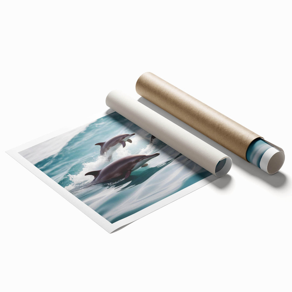 Dolphin-themed wall art print showcasing vibrant marine life colors, rolled for easy display and shipping in a protective tube. Perfect for ocean lovers.