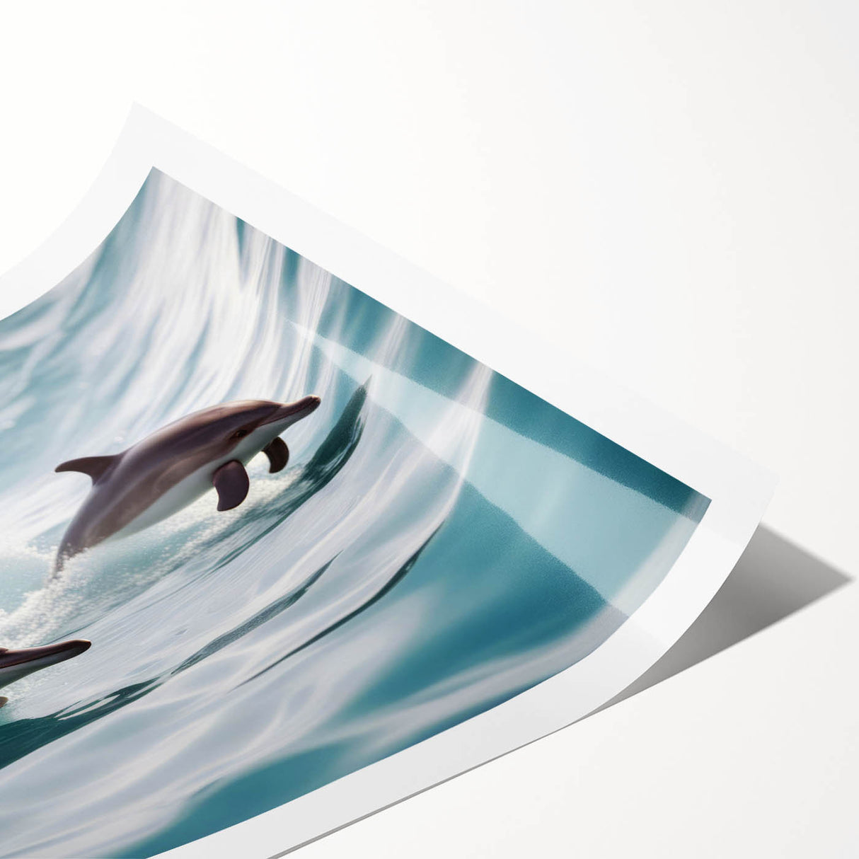 Vibrant dolphin-themed wall art print showcasing marine life, featuring detailed aquatic colors and fluid designs, perfect for ocean lovers and home decor.