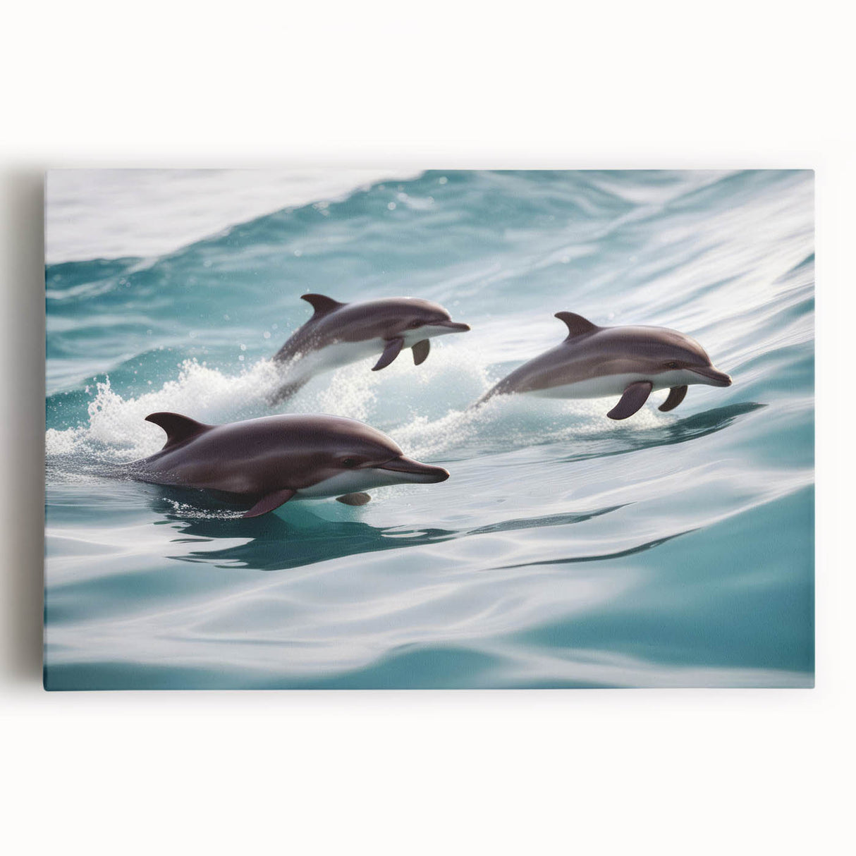Vibrant stretched canvas wall art showcasing a dolphin design, emphasizing marine life with rich colors and fine details, perfect for ocean-themed decor.