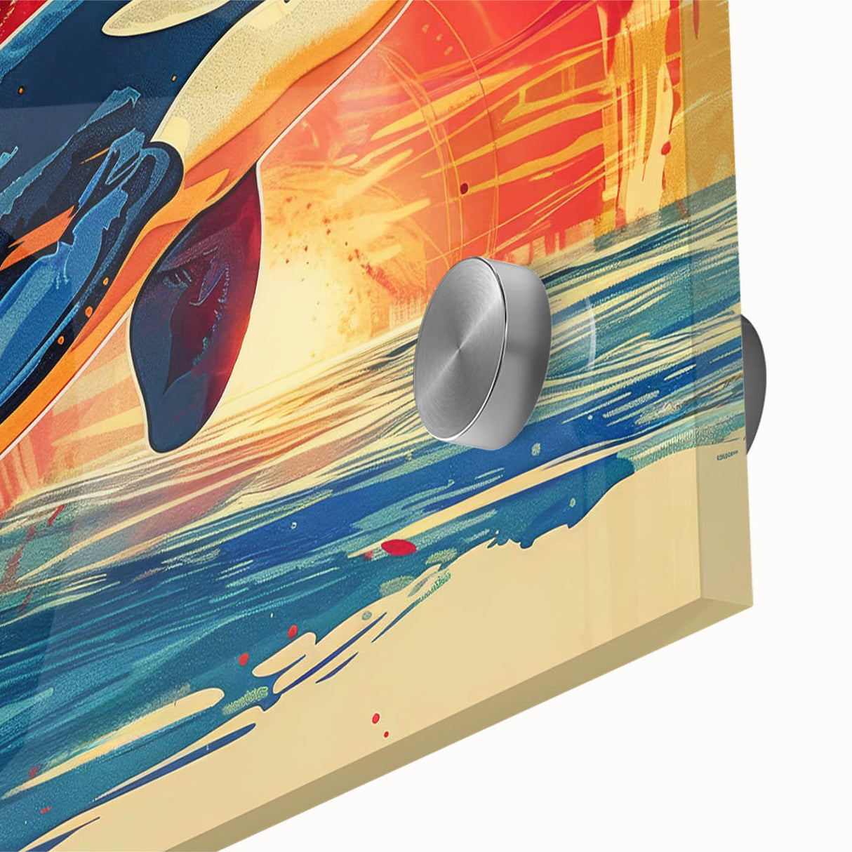 Close-up of a vibrant dolphin design in an acrylic wall art piece, showcasing intricate marine life details and vivid colors, perfect for ocean-themed decor.