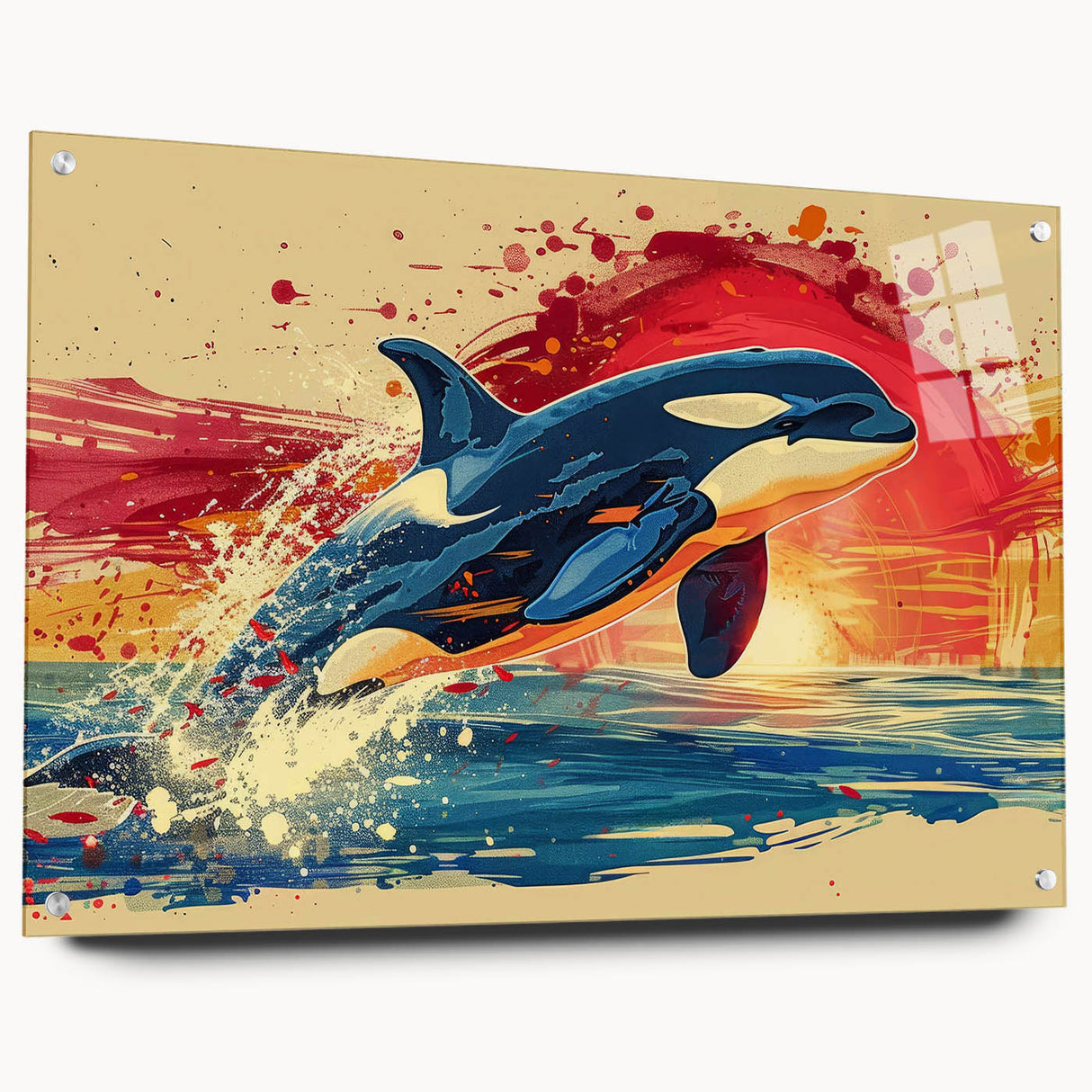 Acrylic wall art featuring a stunning marine life dolphin design, showcasing vibrant colors and intricate details, displayed in a contemporary side view with pins. Perfect for ocean-themed decor.
