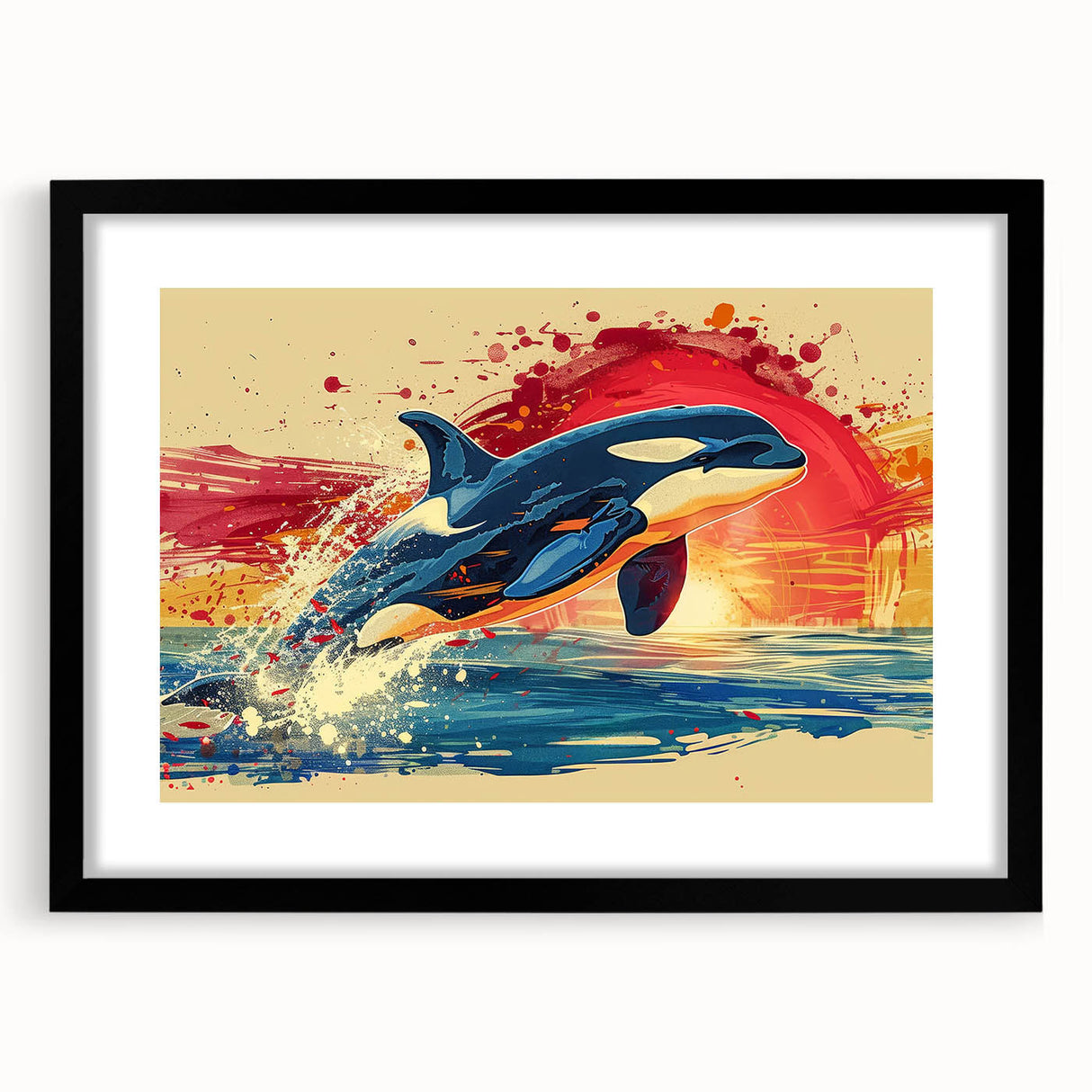 Framed wall art showcasing a dolphin design in vibrant colors, featuring a sleek black frame and mat, perfect for marine life enthusiasts and home decor.
