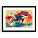 Framed wall art showcasing a dolphin design in vibrant colors, featuring a sleek black frame and mat, perfect for marine life enthusiasts and home decor.