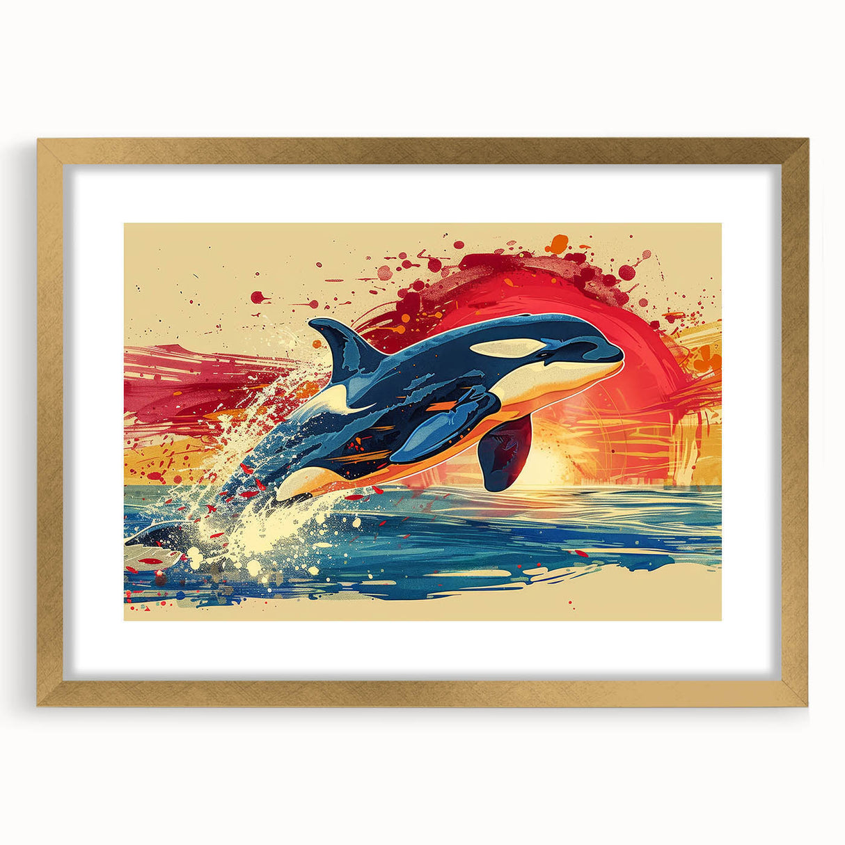 Framed wall art featuring a dolphin design in a marine life theme, highlighted with a gold frame and mat, perfect for coastal decor enthusiasts.
