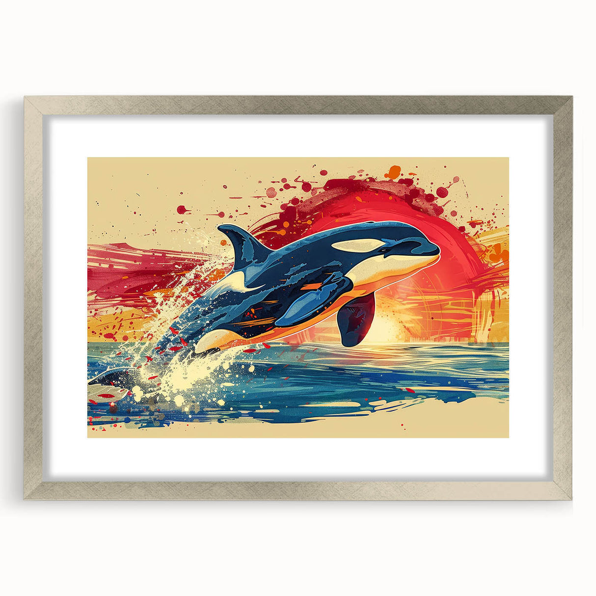 Framed wall art featuring a sleek silver mat showcasing a dolphin design, perfect for marine life enthusiasts. Ideal for home décor in coastal themes.