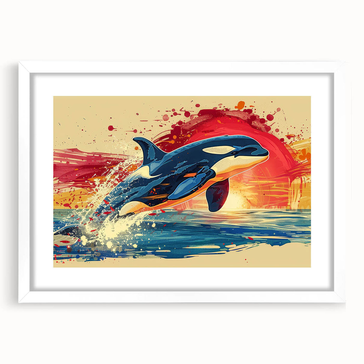 Framed wall art featuring a vibrant dolphin design from the Marine Life collection, set against a white mat, perfect for ocean-themed home decor.