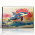 Framed acrylic wall art featuring a vibrant dolphin design, showcasing marine life in a striking black frame, perfect for ocean-themed decor.
