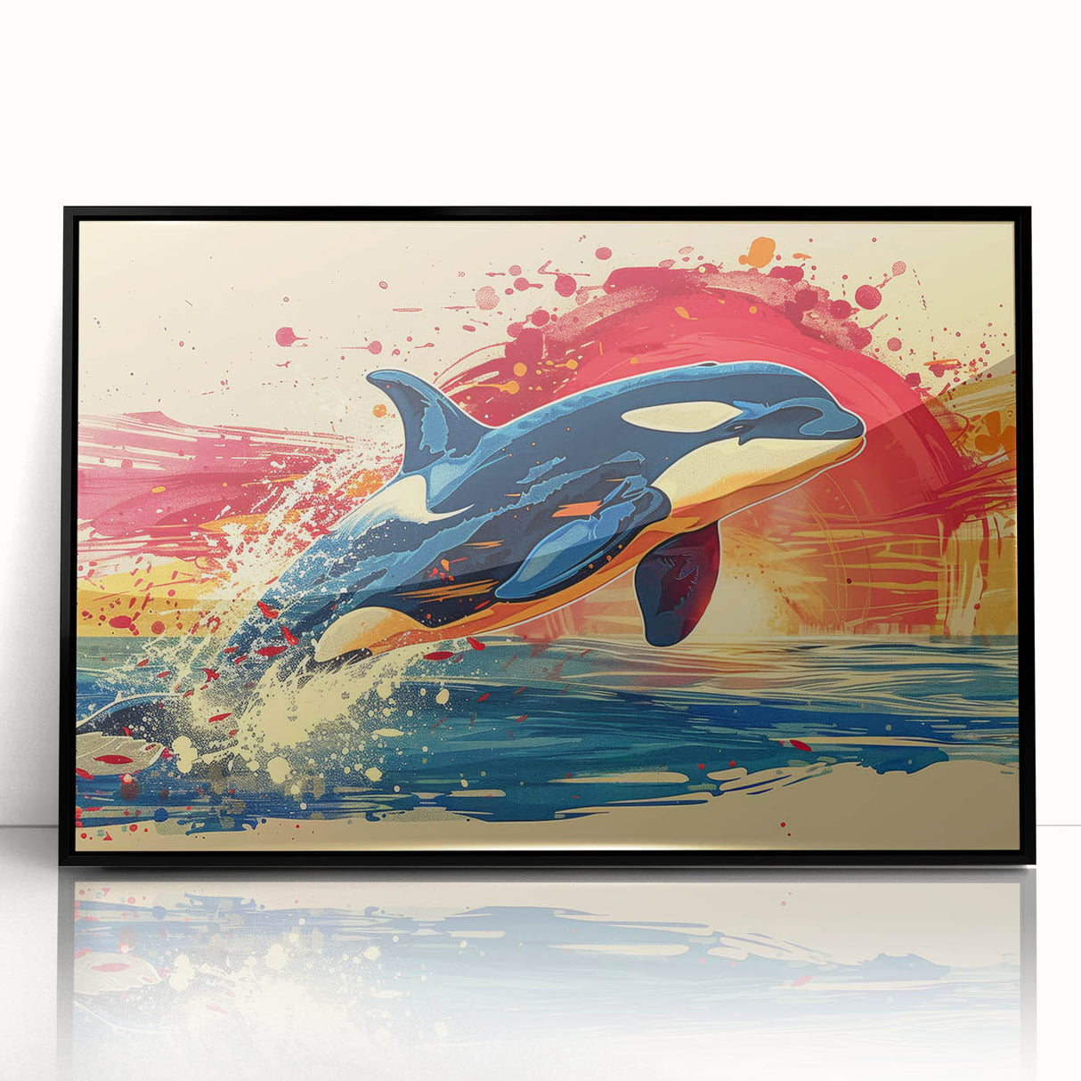 Framed acrylic wall art featuring a vibrant dolphin design, showcasing marine life in a striking black frame, perfect for ocean-themed decor.