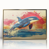 Framed wall art featuring a vibrant dolphin design with a gold-acrylic finish, showcasing marine life in a contemporary style, perfect for ocean-themed decor.