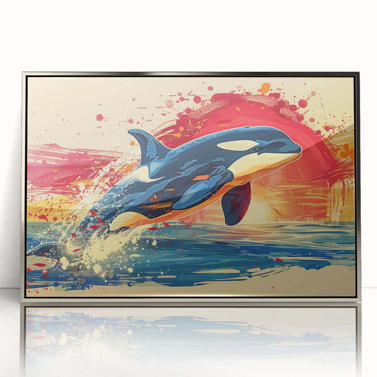 Framed wall art showcasing a vibrant dolphin design in marine life theme, featuring an acrylic finish and sleek silver frame, perfect for ocean-themed decor.