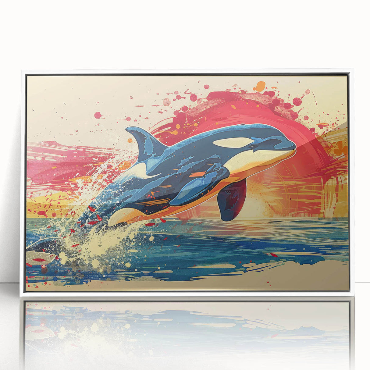 Framed acrylic wall art featuring a vibrant dolphin design, showcasing marine life in vivid colors on a white background, ideal for ocean lovers' decor.
