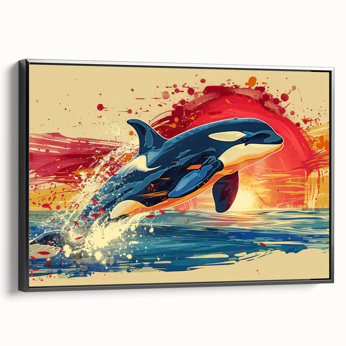 Framed wall art featuring a vibrant dolphin design in a marine life theme, showcasing intricate details and a sleek black frame, perfect for ocean-themed decor.