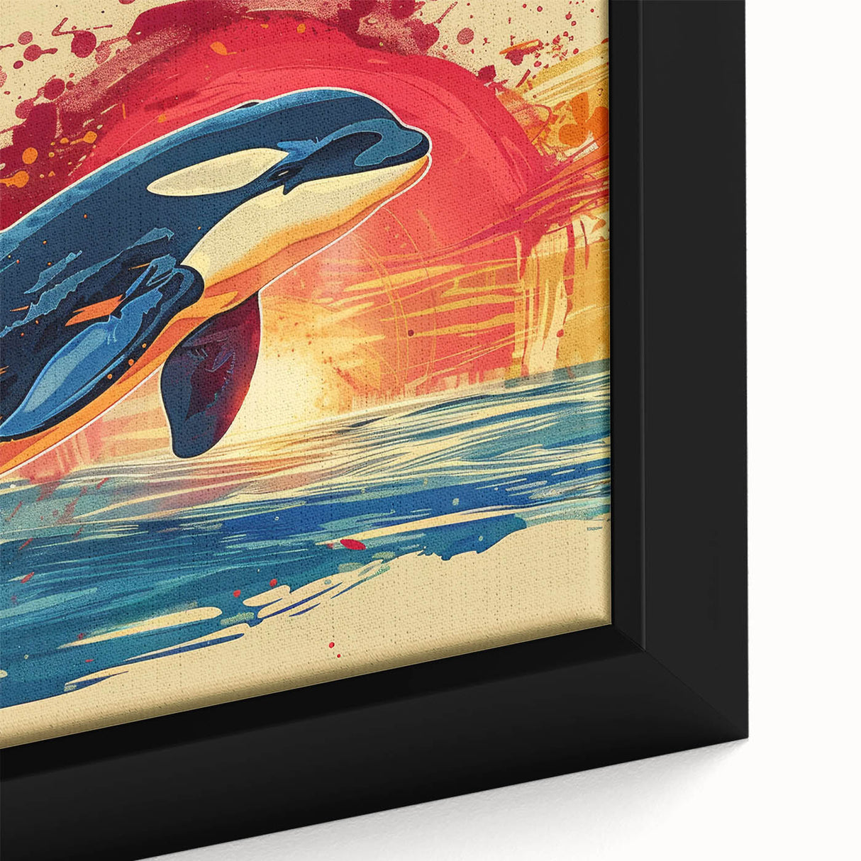 Close-up of a framed canvas wall art piece showcasing a vibrant dolphin design, highlighting intricate marine life details and rich colors, perfect for ocean-themed decor.