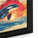 Close-up of a framed canvas wall art piece showcasing a vibrant dolphin design, highlighting intricate marine life details and rich colors, perfect for ocean-themed decor.