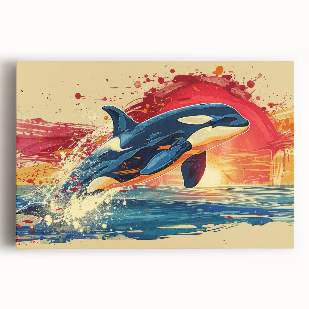Vibrant stretched canvas wall art featuring a playful dolphin design in a marine life theme, showcasing vivid blues and greens against a white background, perfect for ocean lovers.