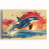 Vibrant stretched canvas wall art featuring a playful dolphin design in a marine life theme, showcasing vivid blues and greens against a white background, perfect for ocean lovers.