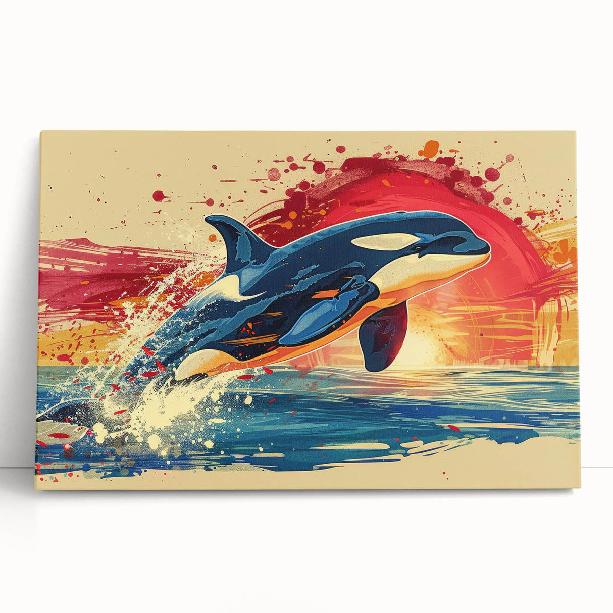 Vibrant dolphin-themed wall art on stretched canvas showcasing marine life, ideal for ocean lovers' home decor, featuring bright blues and intricate details.