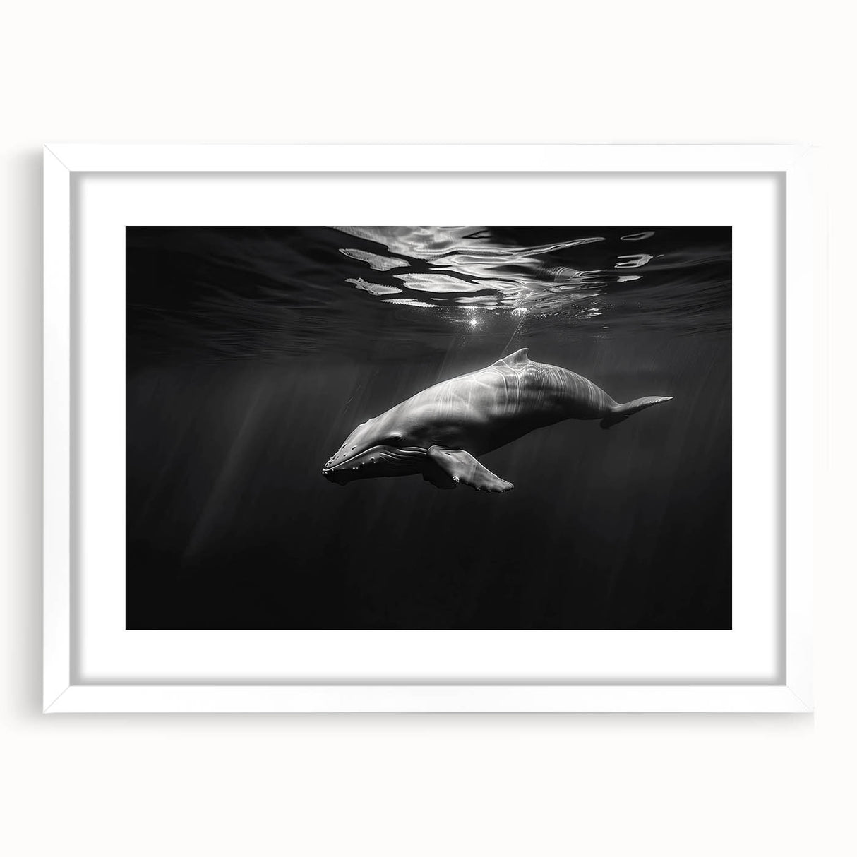 Framed wall art featuring a dolphin design from the marine life collection, showcasing vibrant colors and a sleek white mat for a modern aesthetic, perfect for ocean enthusiasts.
