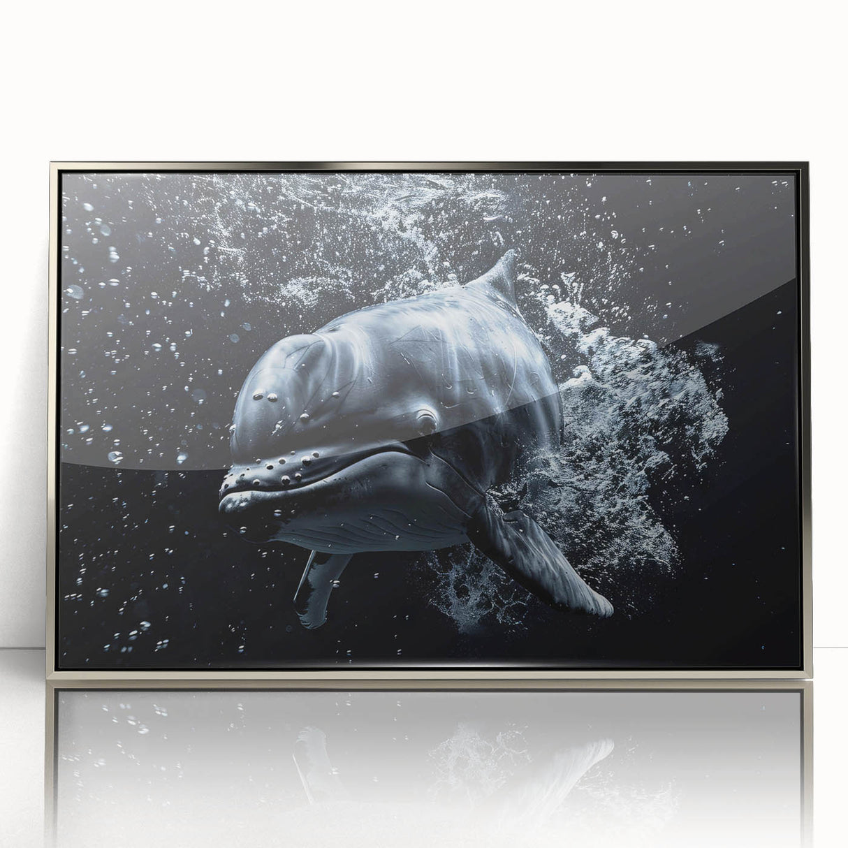 Framed wall art featuring a detailed dolphin design in vibrant colors, set in a sleek silver frame, perfect for marine-themed decor and ocean lovers.